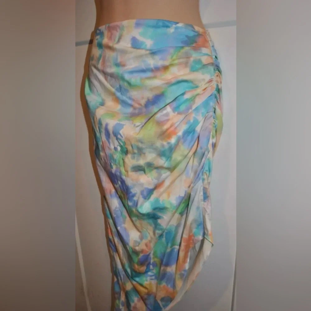 AIIFOS Revolve Samantha Midi Water Color Blues Asymmetrical Ruched Skirt size S